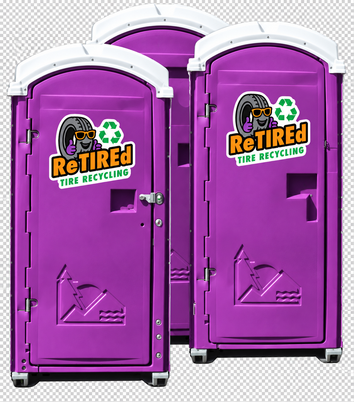 Purple portable restrooms with ReTIREd logos